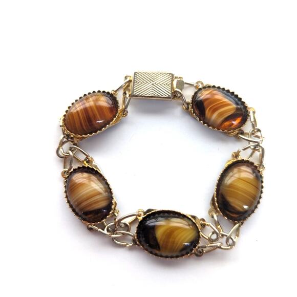 Vintage Gold Tone Faux Tigers Eye Cabochon Box Clasp Link Bracelet - Picture 1 of 4